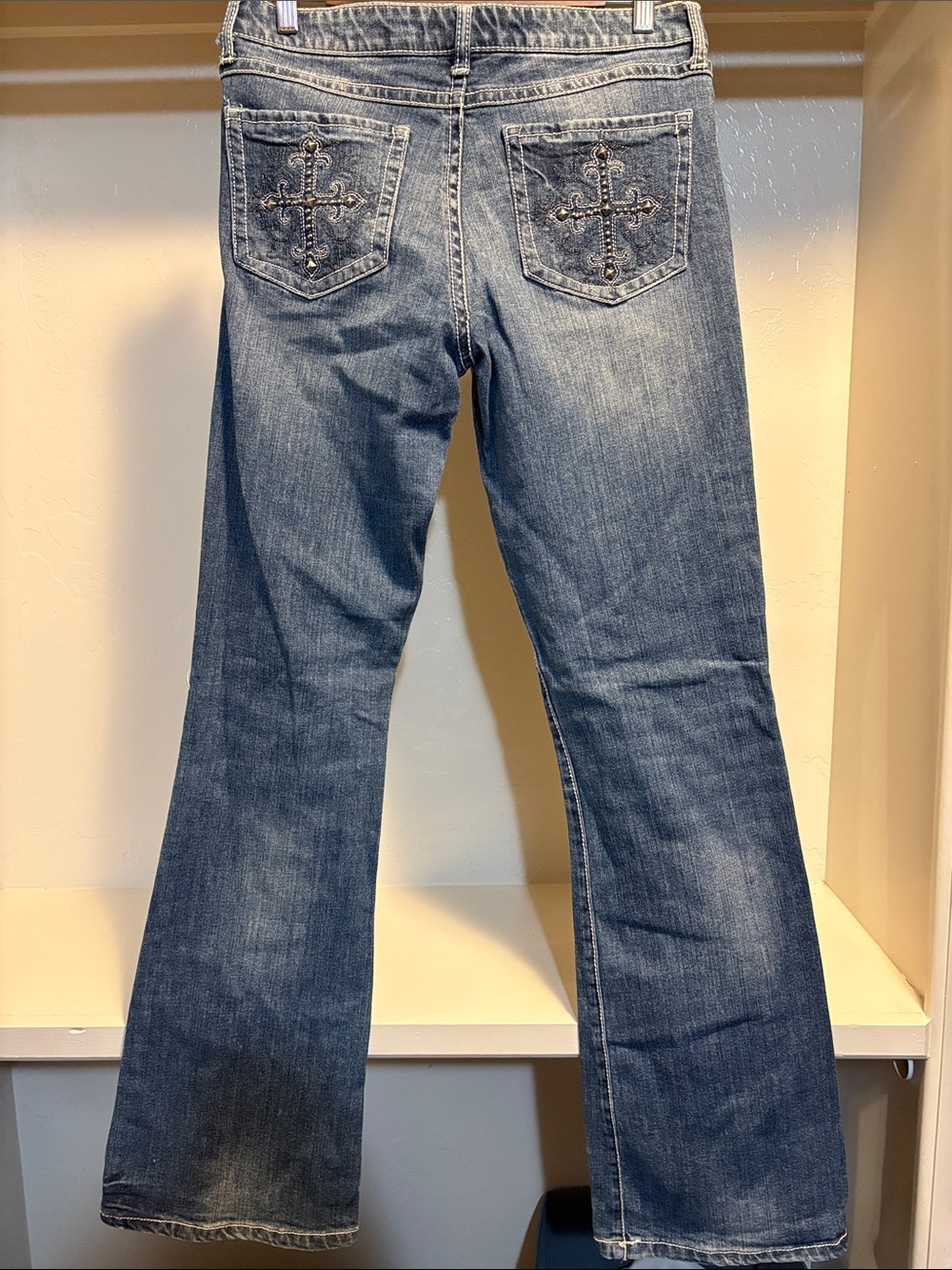 Blue Embellished Cross Pocket Wide Leg Jeans
